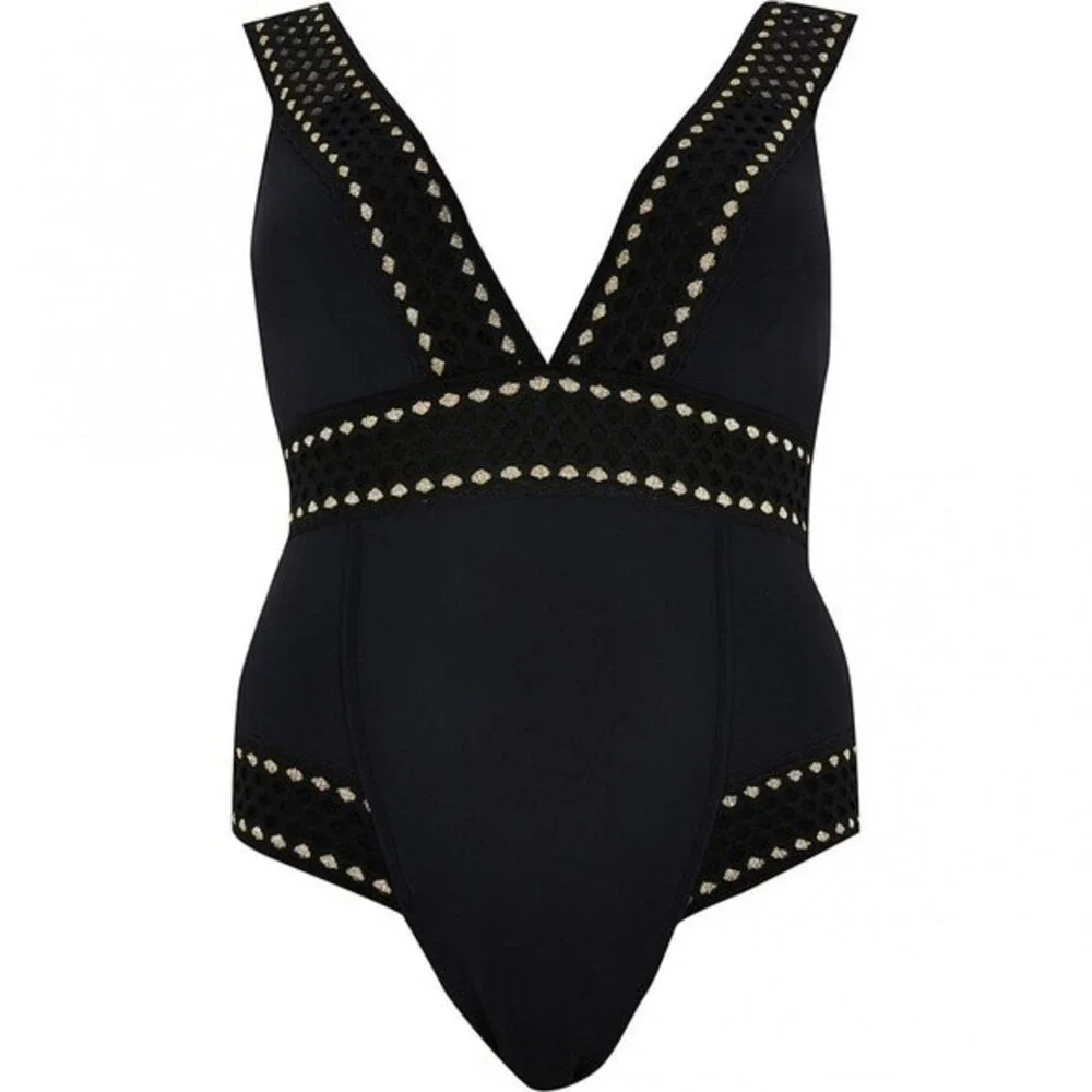 NWT River Island Black Gold Embroidered Plunge One Piece Swimsuit Size 20 NEW